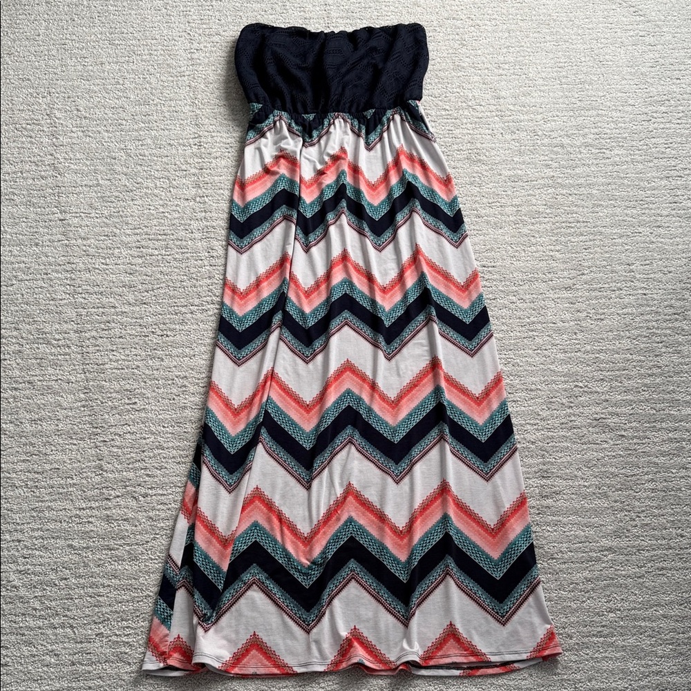Maurices Strapless Chevron Maxi Dress - Navy, Coral, Teal